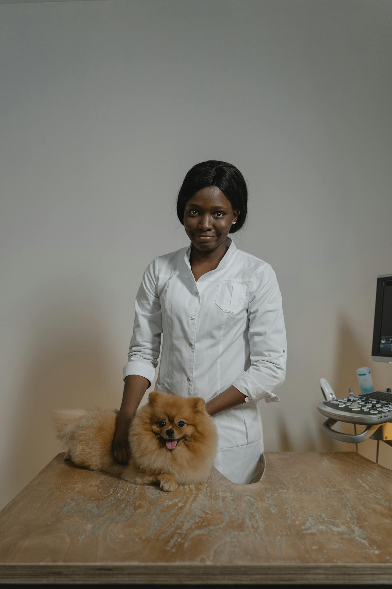 Smiling vet in clinic with fluffy Pomeranian dog on table.