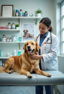 Happy golden retriever at vet representing monthly pet insurance checkups