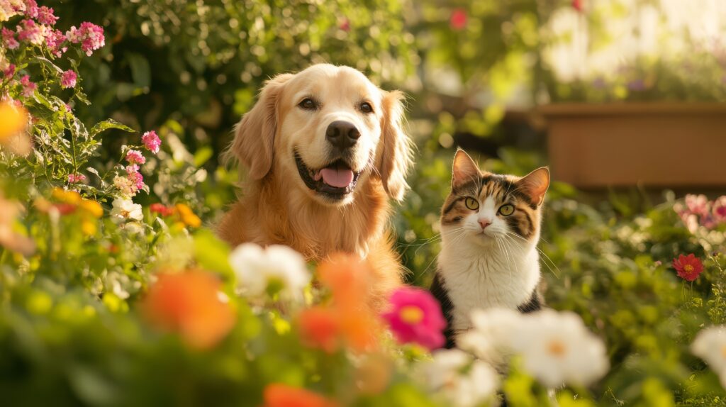 Two dogs and a cat with pet insurance documents on a table"