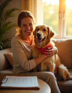 Pet parent submitting pet insurance claim in 2025 with dog sitting nearby, vet bills on desk.