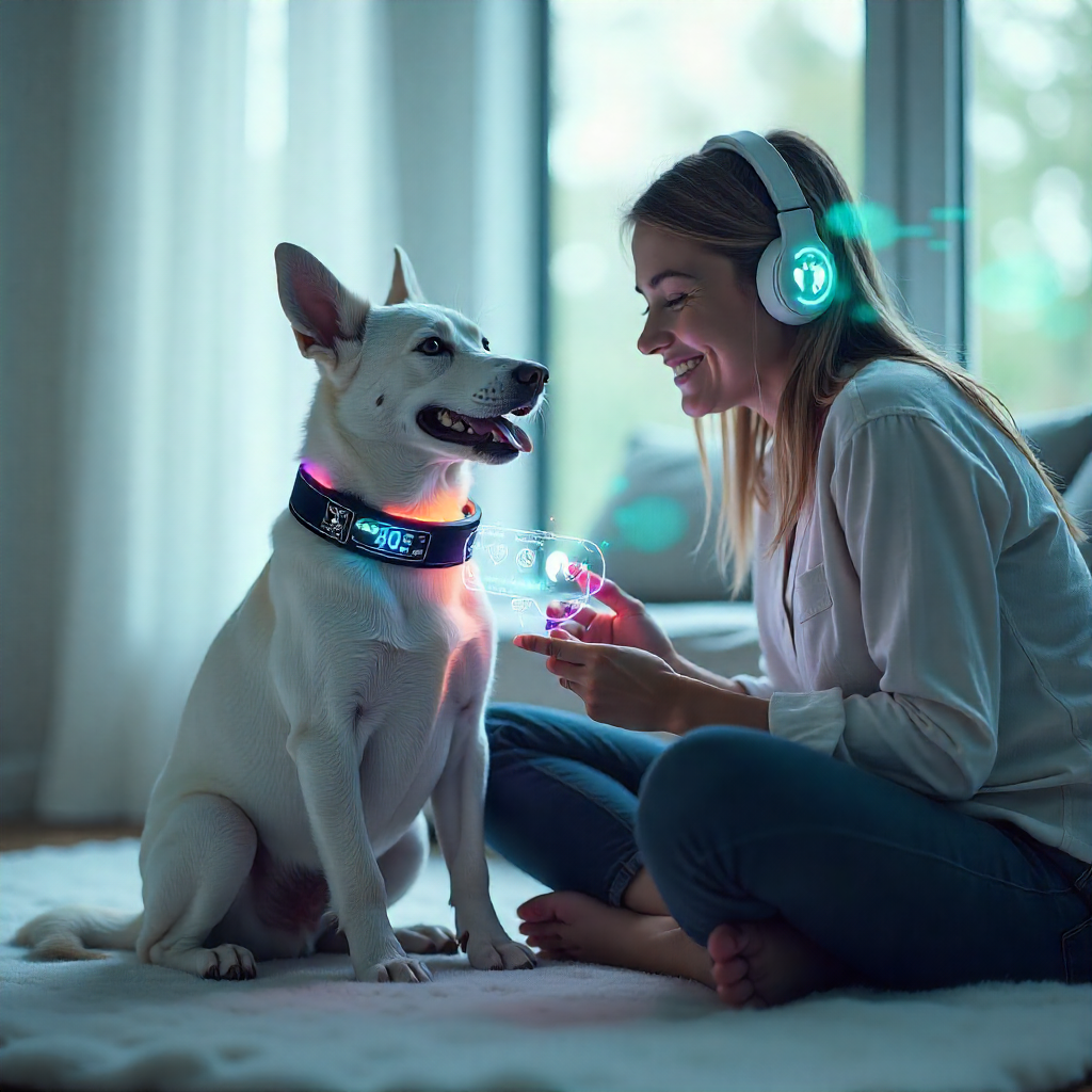 "Happy dog wearing a futuristic smart collar that tracks health and reduces pet insurance premiums in 2025"