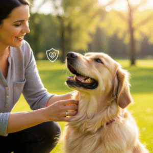 Dog parent reviewing best pet insurance plans 2025 with happy golden retriever”