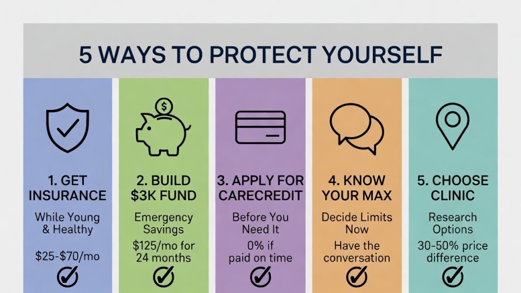 Five financial protection strategies for emergency vet bills including insurance, savings, CareCredit, planning, and clinic selection"