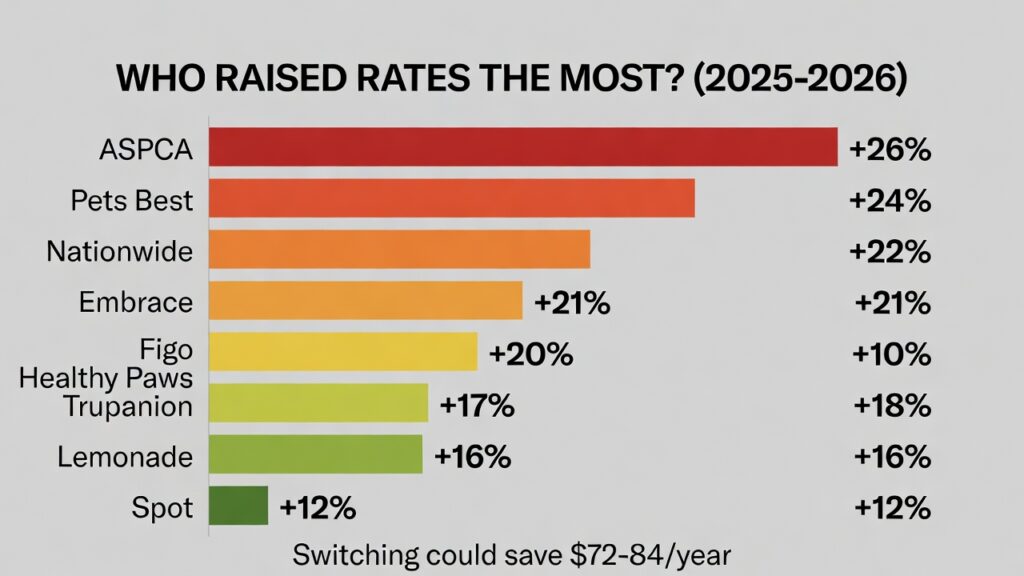 Chart comparing which pet insurance providers raised rates most in 2025-2026 from 12% to 26% increases