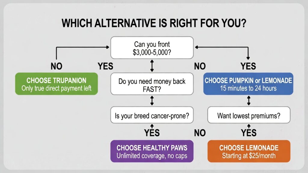 Decision flowchart helping former Fursure customers choose the best direct payment alternative