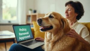 "Senior golden retriever with owner celebrating Washington pet insurance age protection law"