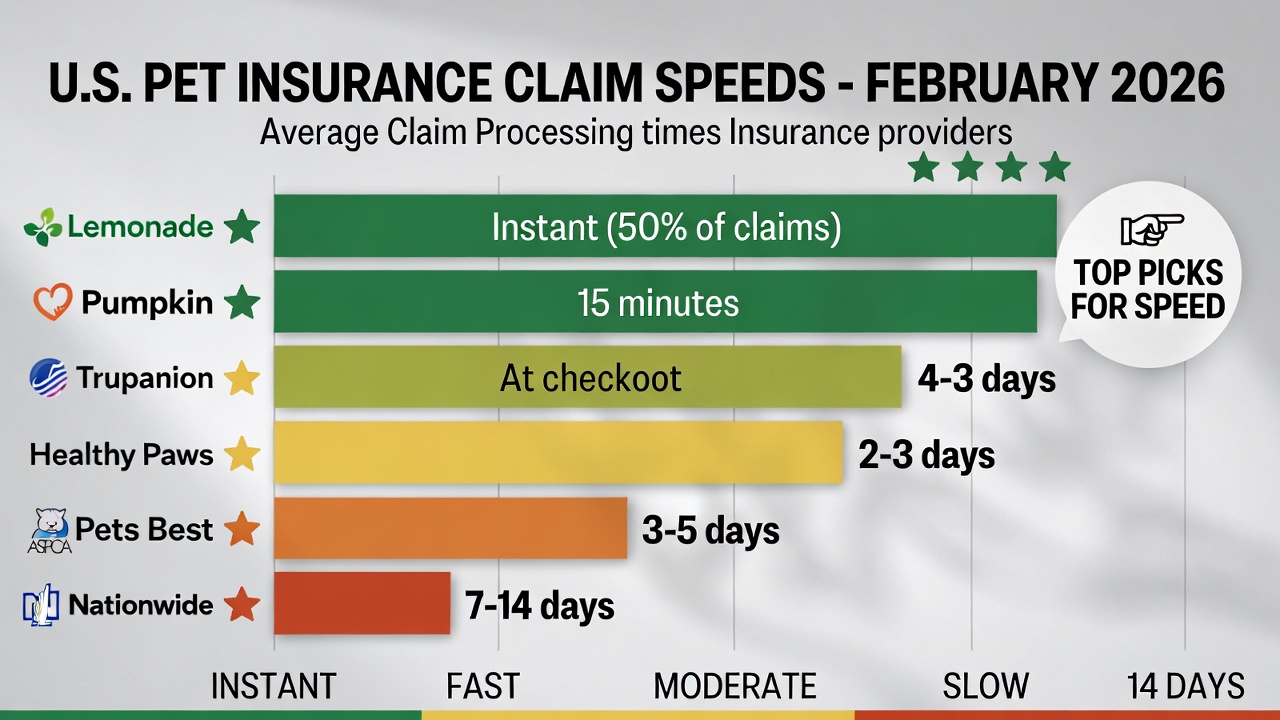 Pet insurance claim processing speed ranking 2026 showing Lemonade and Pumpkin as fastest U.S. providers