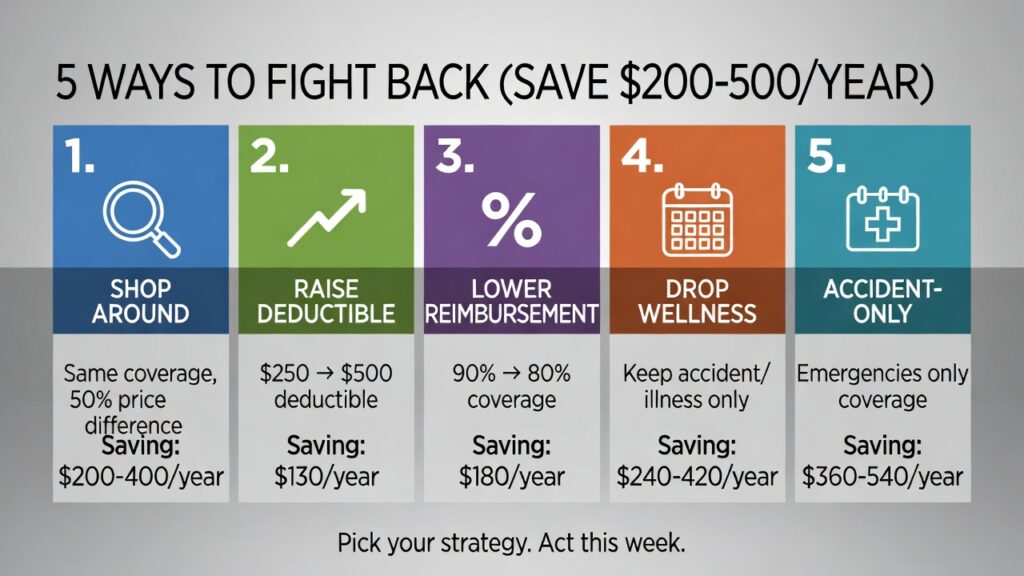 Five proven strategies to reduce pet insurance costs including shopping around, raising deductible, and switching coverage level