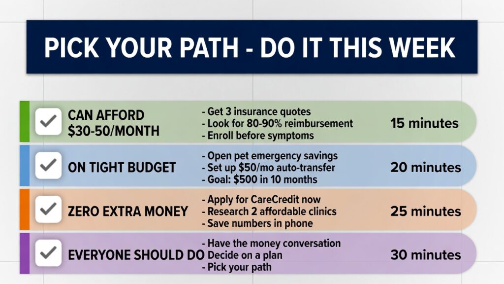 "Weekly action plan checklist for pet emergency financial preparation with four different budget options"