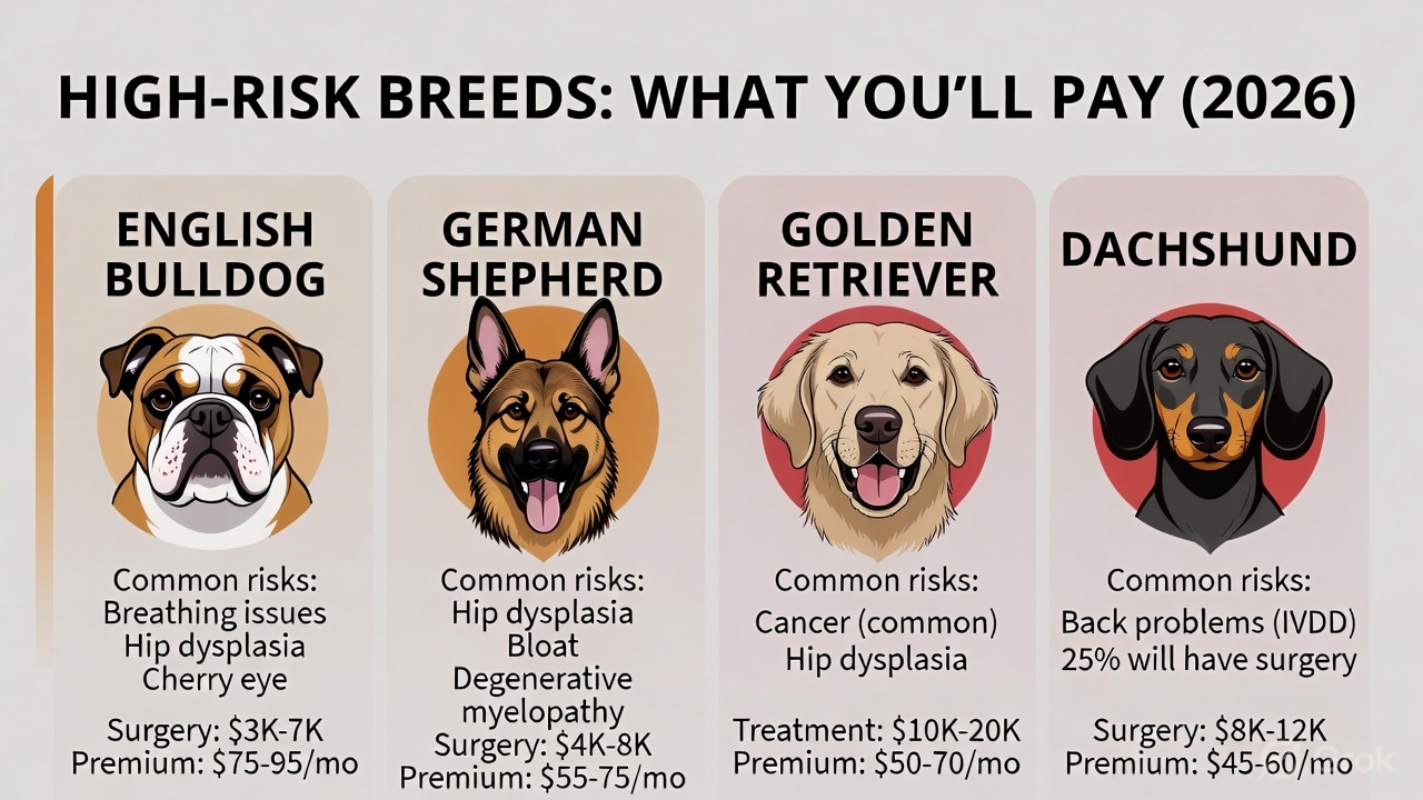 Comparison of pet insurance costs for high-risk dog breeds showing Bulldogs, German Shepherds, Golden Retrievers, and Dachshunds with common health issues"