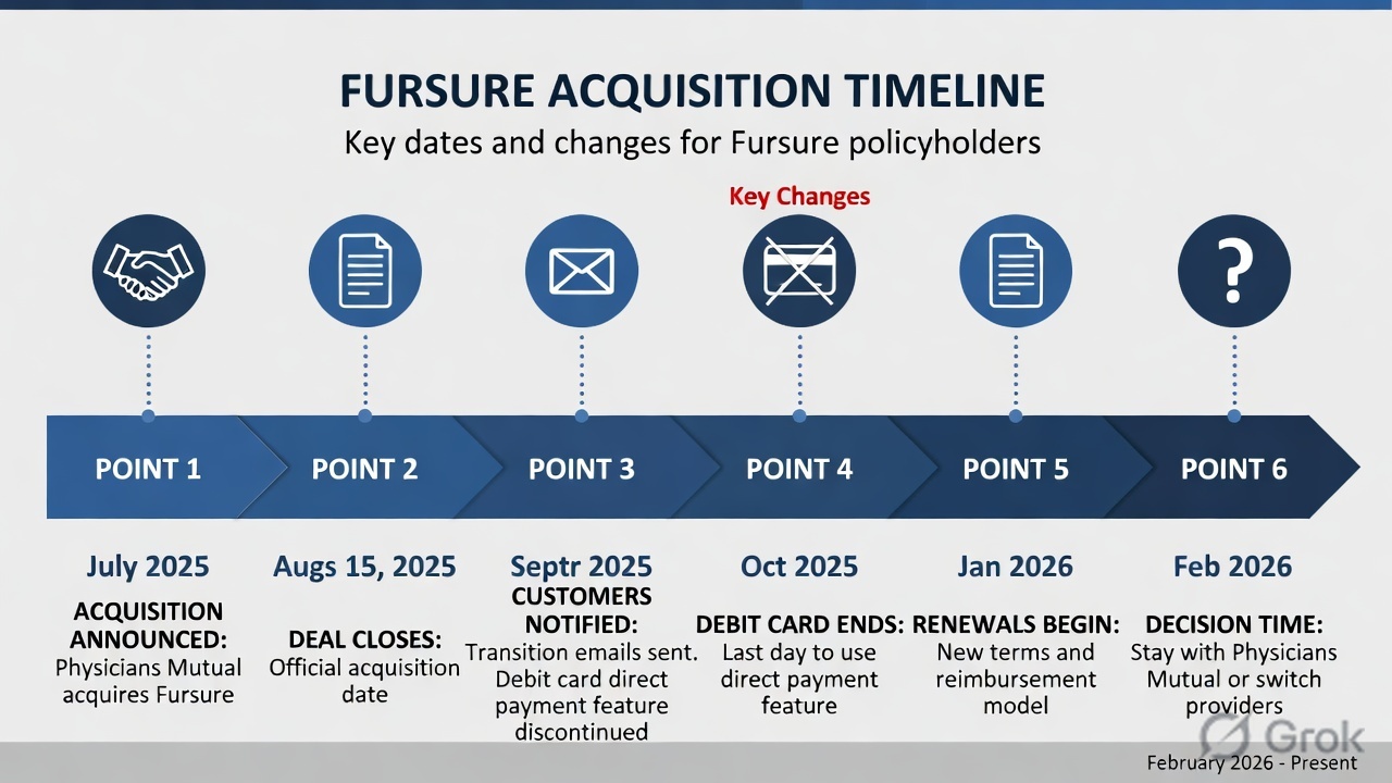 Timeline showing Fursure acquisition by Physicians Mutual and key changes from announcement to current state"