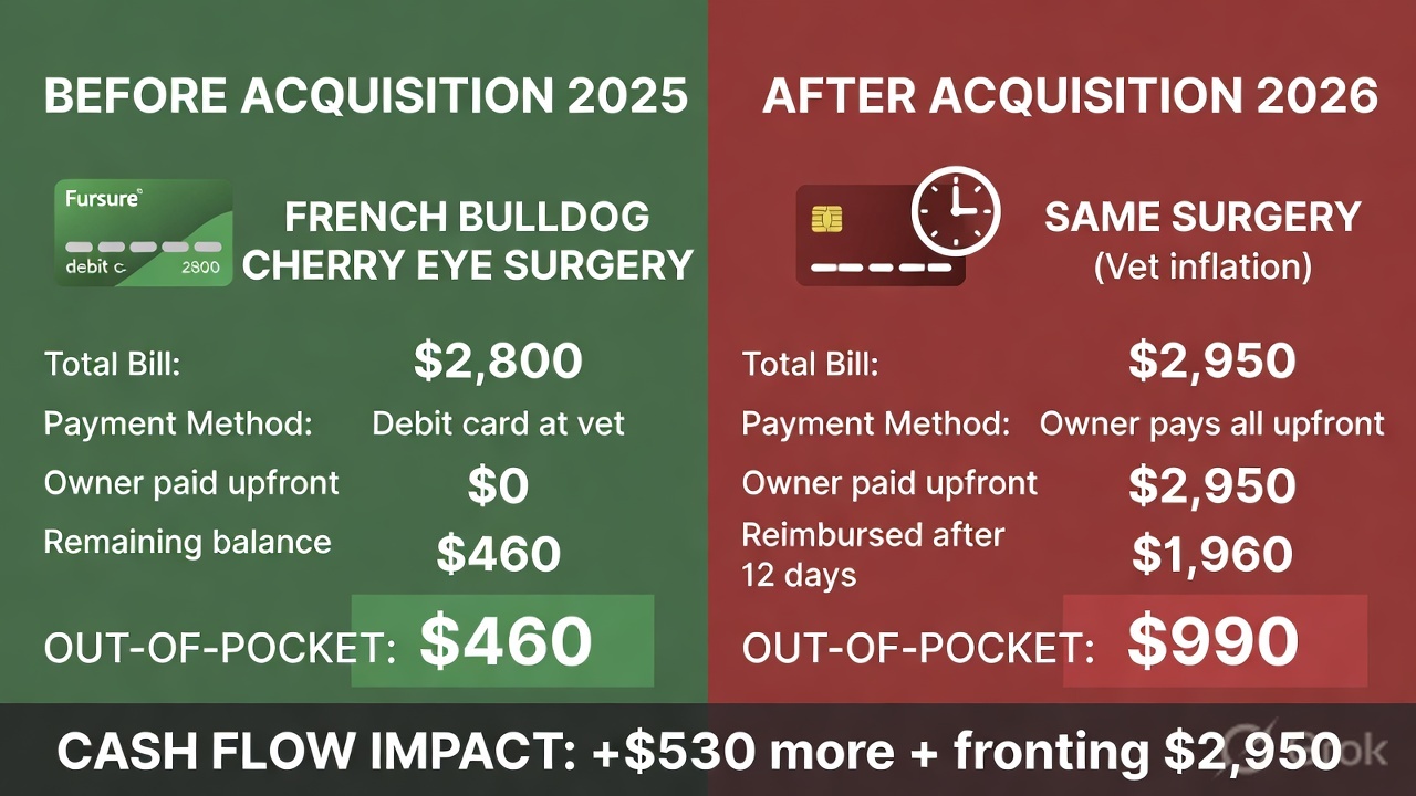Cost breakdown comparing Fursure debit card payment in 2025 versus reimbursement model in 2026 showing $460 vs $990 out-of-pocket"