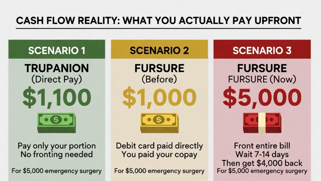 Cash flow comparison showing how much money pet owners must front with direct payment versus traditional reimbursement"