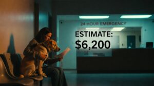 Worried pet owner in emergency veterinary clinic waiting room facing expensive treatment decision at night"