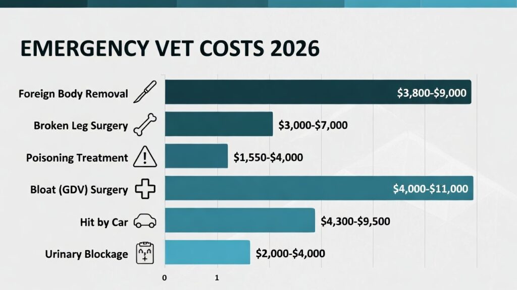 2026 emergency veterinary cost breakdown showing common procedures ranging from $1,550 to $11,000"