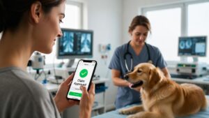 "Pet owner using smartphone to submit instant pet insurance claim while veterinarian examines dog in modern clinic"