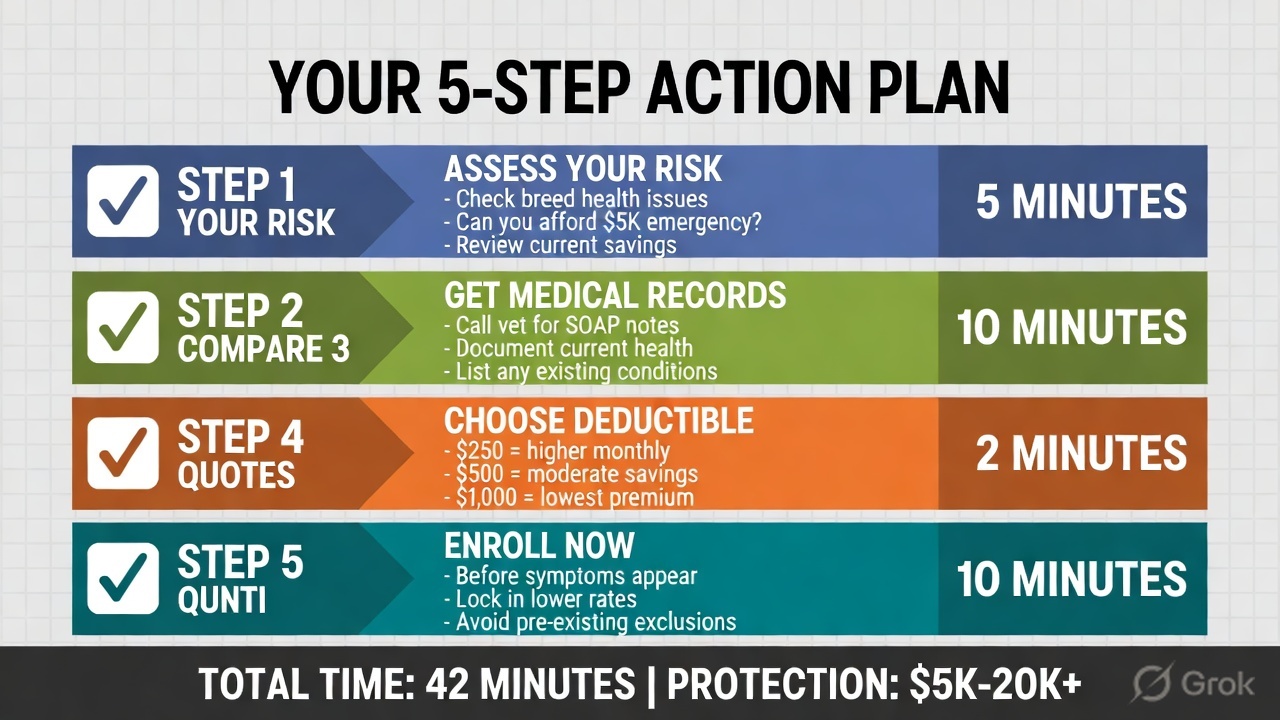5-step action plan for choosing the best pet insurance including risk assessment, quotes comparison, and enrollment steps