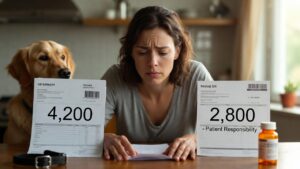 Pet owner choosing between veterinary bill and their own medical appointment showing healthcare spending priorities"