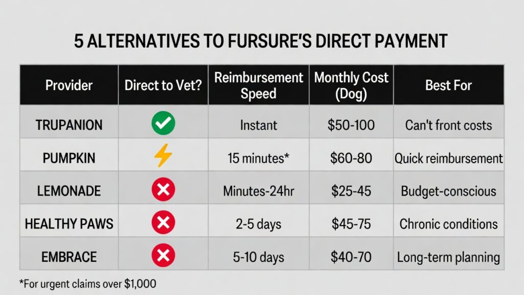 Comparison table showing 5 pet insurance alternatives to Fursure with direct vet payment features and reimbursement speeds"