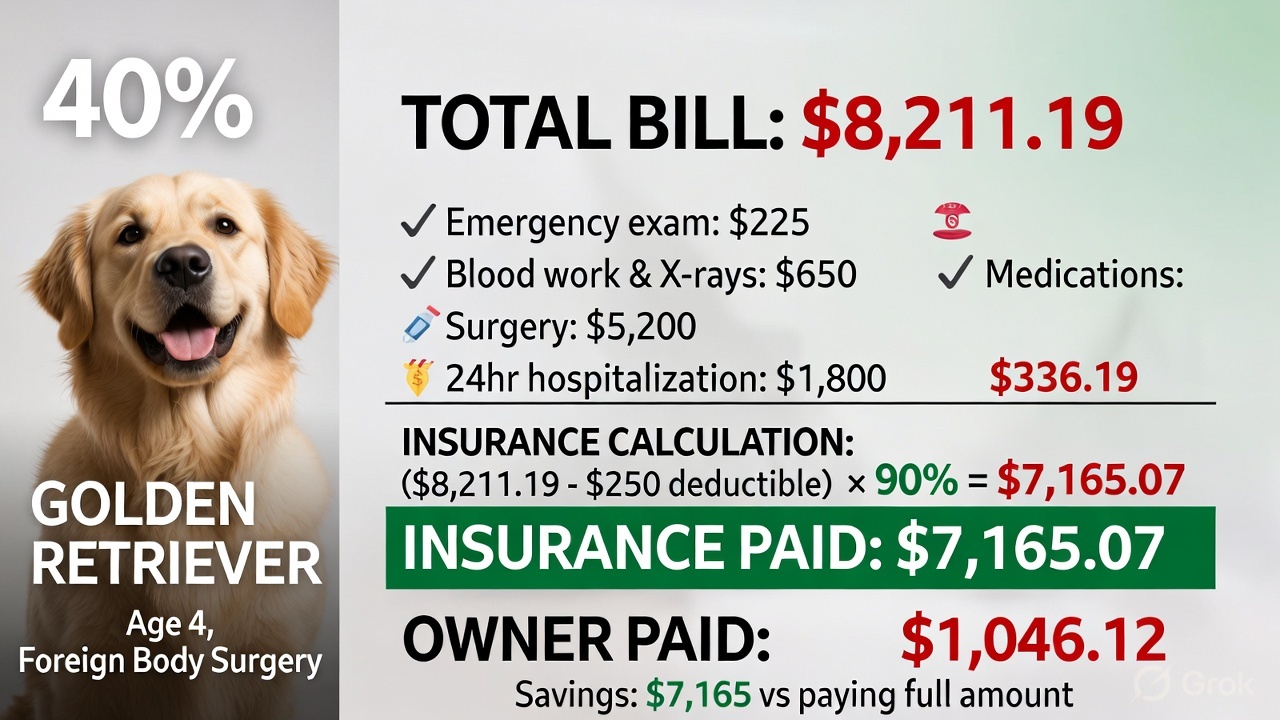 Real pet insurance claim example showing $8,211 foreign body surgery with 90% reimbursement breakdown