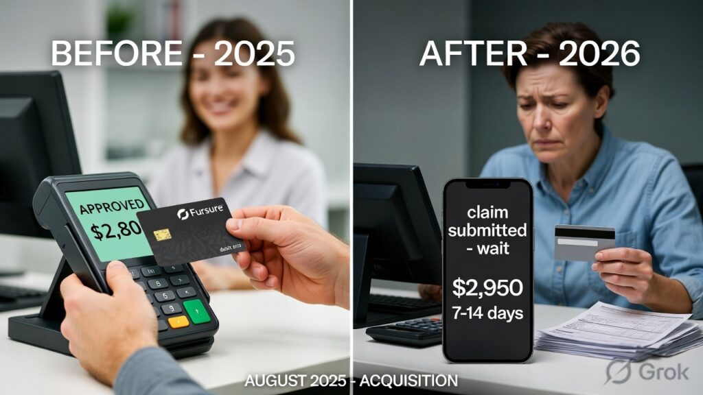 Fursure debit card discontinued after Physicians Mutual acquisition showing before and after payment process"
