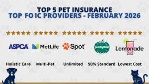 Top 5 pet insurance providers February 2026 comparison showing ASPCA, MetLife, Spot, Pumpkin, and Lemonade with ratings