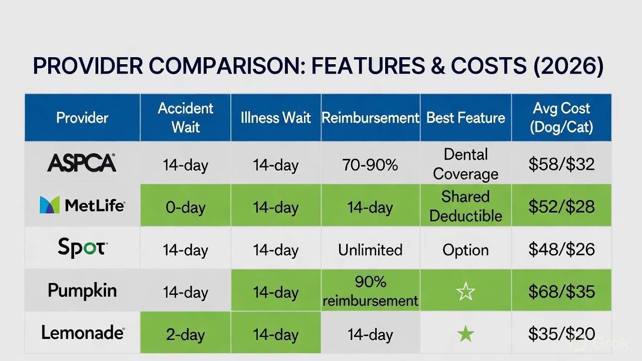 Detailed feature comparison table showing ASPCA, MetLife, Spot, Pumpkin, and Lemonade pet insurance coverage, costs, and waiting periods