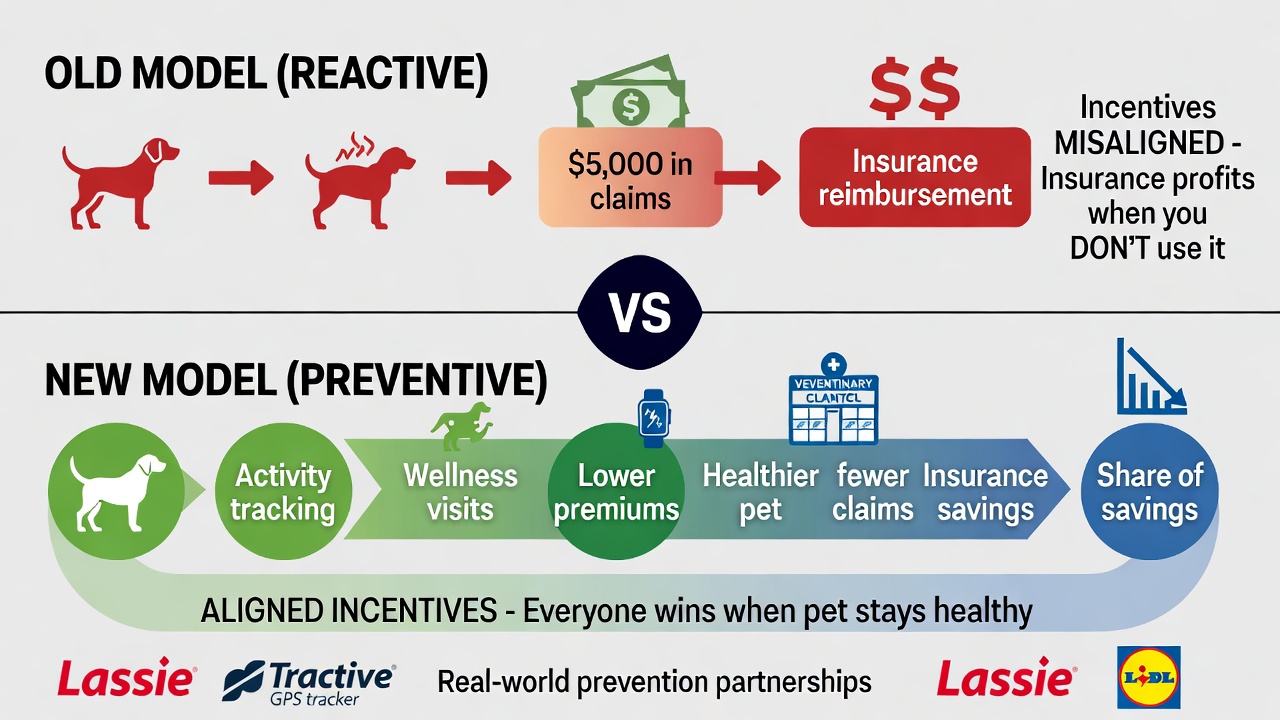 Diagram showing how prevention-first pet insurance model aligns incentives between insurers and pet owners"