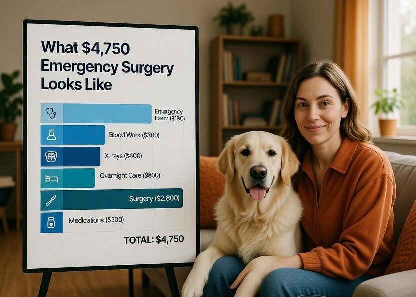Dog owner with healthy golden retriever after learning expensive lessons about emergency veterinary costs"