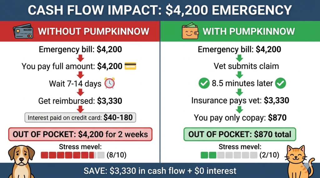 "Cash flow comparison showing financial impact of fronting $4,200 versus paying only copay with Pumpkin"