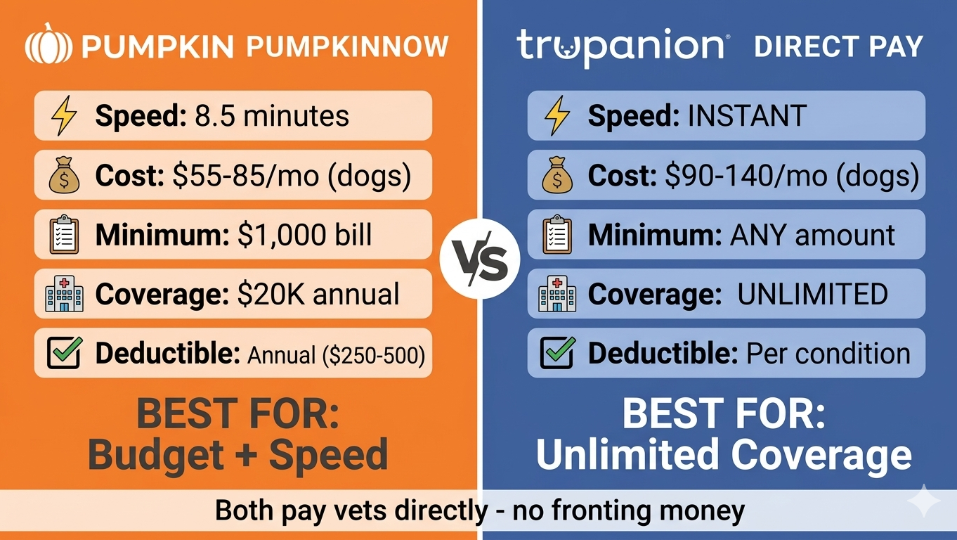 Detailed comparison of Pumpkin and Trupanion direct payment features showing speed, cost, and coverage differences.