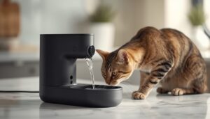 A sleek matte black cordless cat water fountain on a clean white marble kitchen countertop